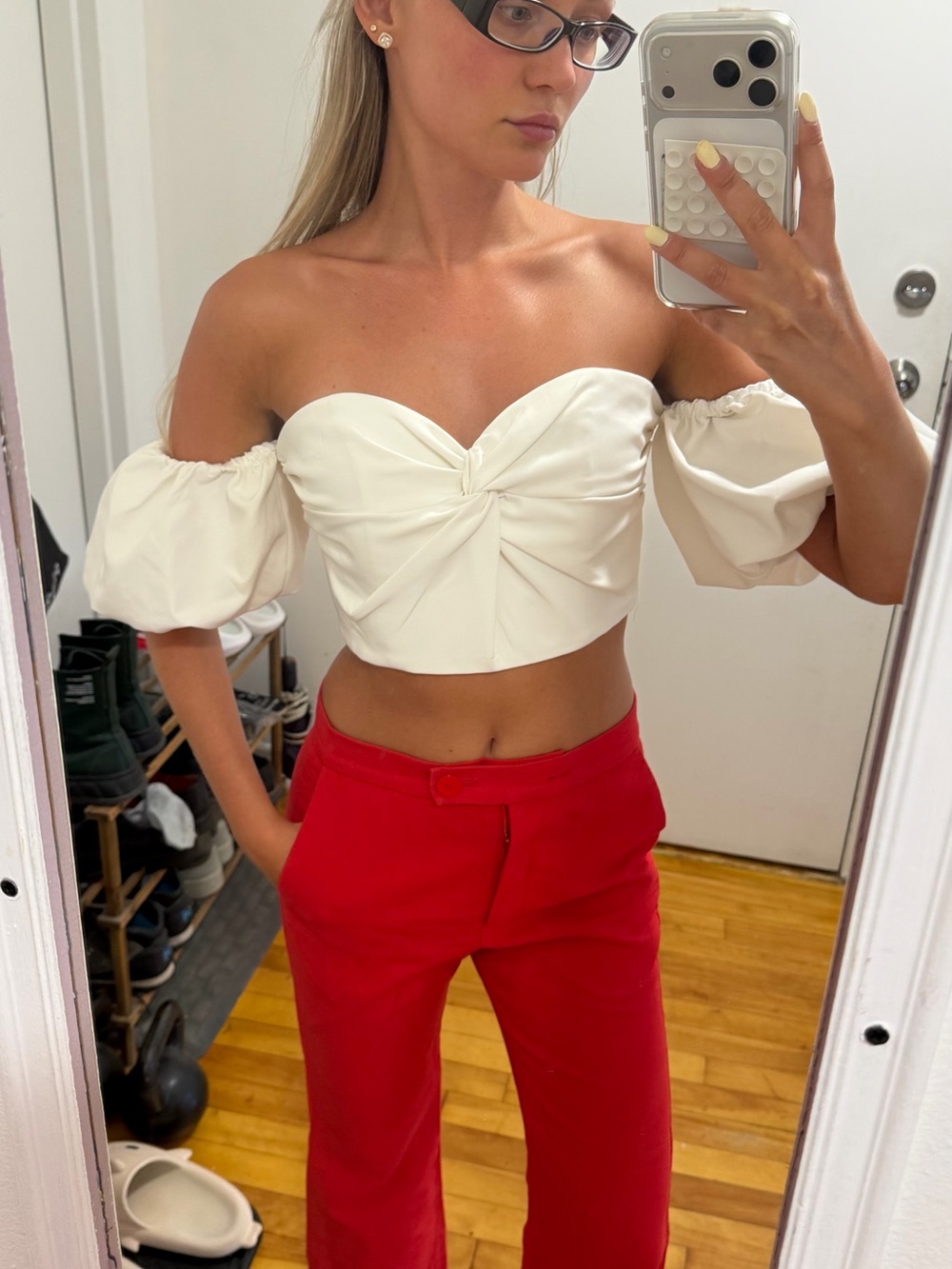 Forever New Off-Shoulder Twist-Front Crop Top in Cream